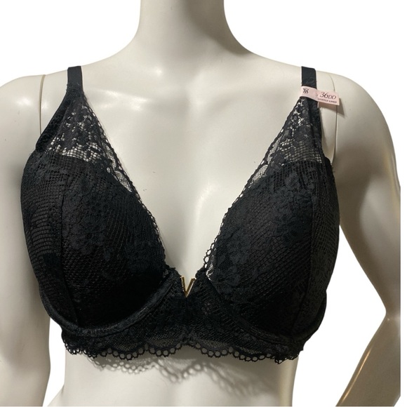 Victoria Secret Plunge Black Bra Lace Overlay Adjustable Straps and Clasp 36DD - Picture 5 of 16